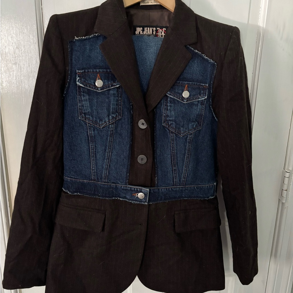JPG Jeans Women's Brown and Blue Denim Blazer suit with matching trousers.